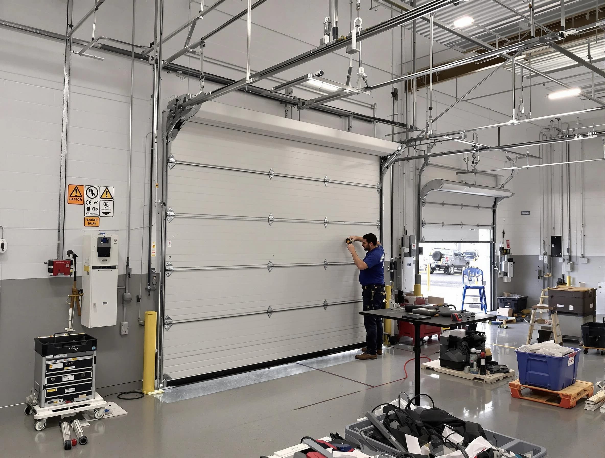 Commercial garage door repair being performed by Cumberland Garage Door Repair expert in Cumberland