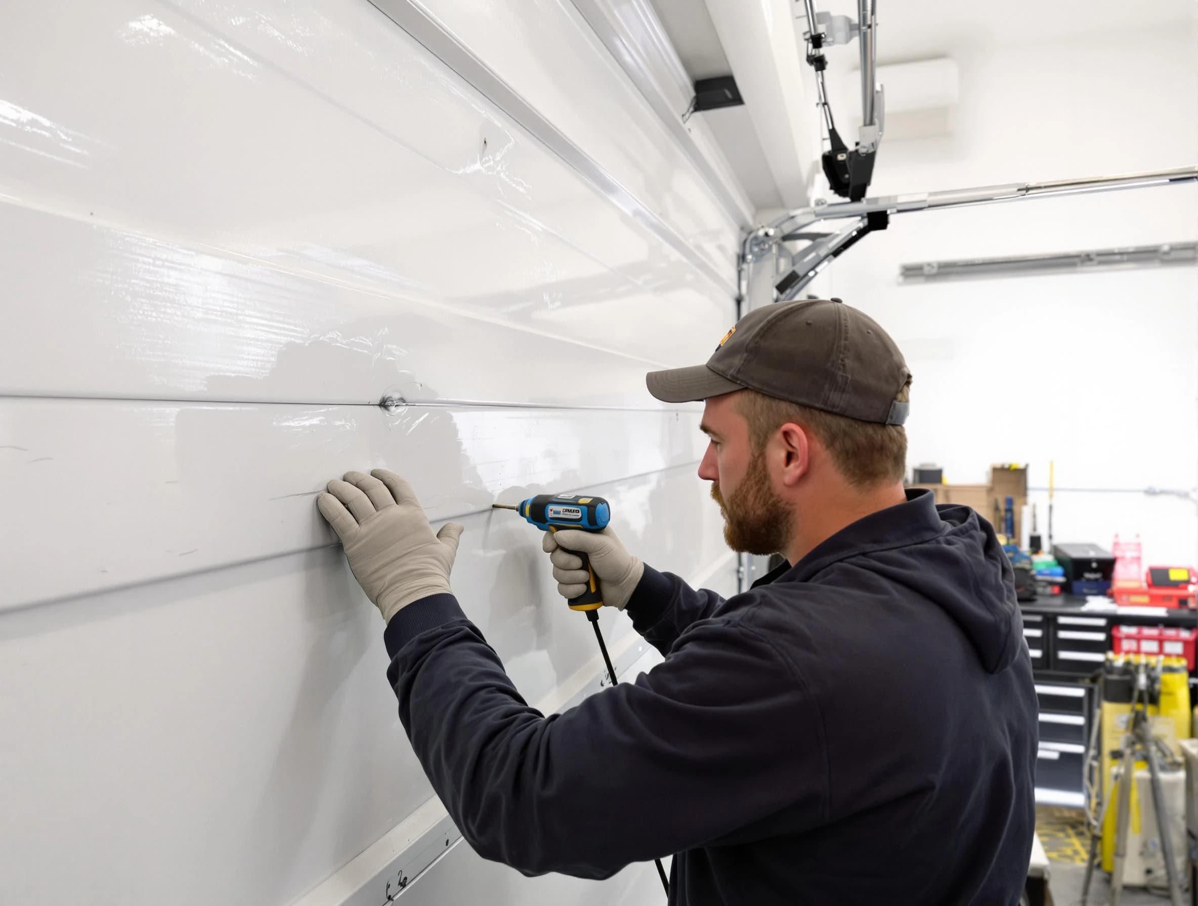 Cumberland Garage Door Repair technician demonstrating precision dent removal techniques on a Cumberland garage door
